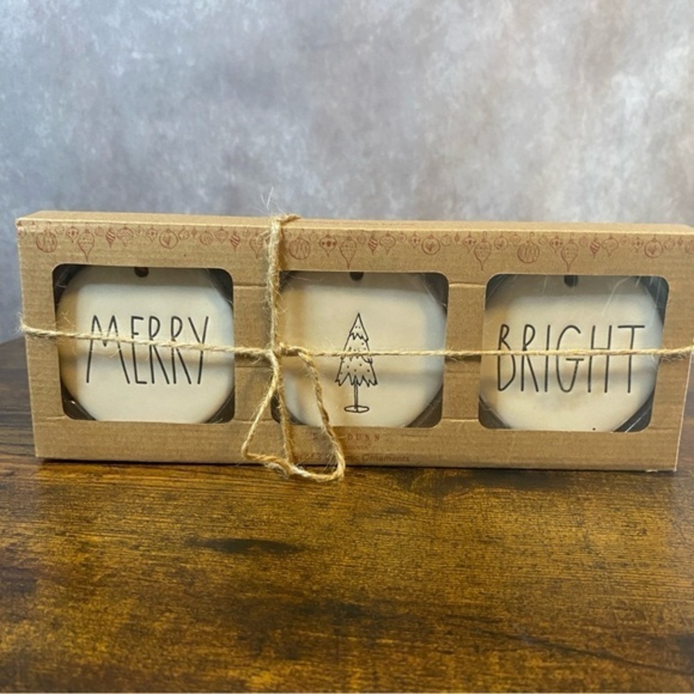 Rae Dunn by Magenta Flat Ornaments Set Of 3 Merry, Christmas Tree‎ And Bright